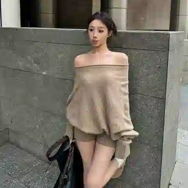 轻迎 高级感气质针织衫宽松长袖露肩毛衣上衣高腰直筒短裤休闲套装 女款