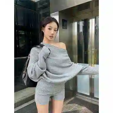 轻迎 高级感气质针织衫宽松长袖露肩毛衣上衣高腰直筒短裤休闲套装 女款
