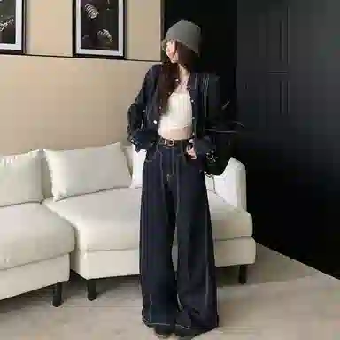 轻迎 复古高级感翻领撞色收腰外套阔腿裤两件套休闲套装 女款
