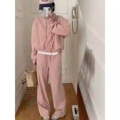 轻迎 韩系加绒立领卫衣慵懒宽松设计感卫裤两件套潮休闲套装 女款