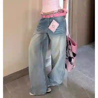 轻迎 美式复古做旧纹路时尚百搭阔腿宽松显瘦直筒弯刀拖地牛仔裤 女款