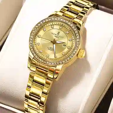 梦特娇  法国巴黎品牌 简约个性 休闲时尚女士手表夜光防水 精美礼盒 石英机芯 精钢表带 国表 男女同款 金色表盘