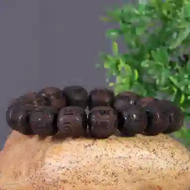 檀欣 新中式国风 浮雕刻六字真言念珠佛珠  转运珠 黑檀 木作手串 男女同款情侣款 黑檀