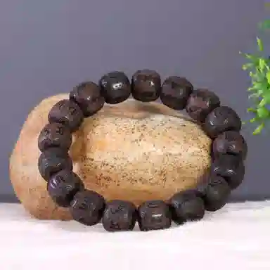 檀欣 新中式国风 浮雕刻六字真言念珠佛珠  转运珠 黑檀 木作手串 男女同款情侣款 黑檀