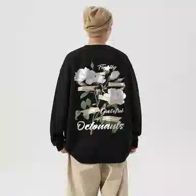海底小纵队 美式复古山茶花花体字母印花时尚潮流重磅多巴胺日常出行宽松落肩无性别主义休闲圆领长袖卫衣 男女同款