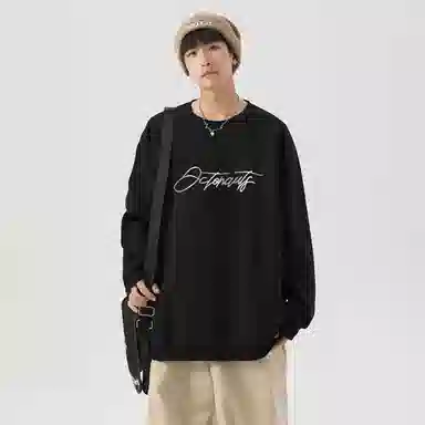 海底小纵队 美式复古猫英文品牌涂鸦印花重磅圆领落肩卫衣 男女同款