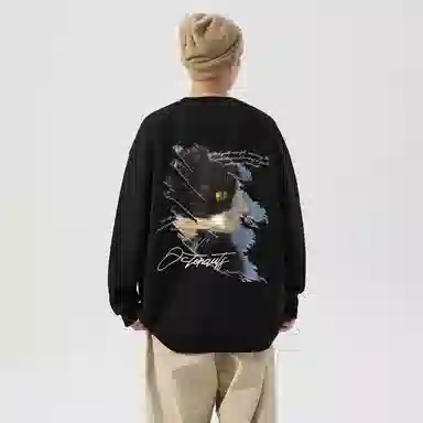 海底小纵队 美式复古猫英文品牌涂鸦印花重磅圆领落肩卫衣 男女同款