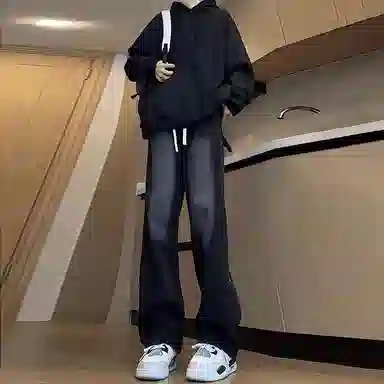 拓菲 美式复古水洗做旧渐变色磨白钉扣潮流舒适百搭时尚潮牌简约基础款抽绳直筒休闲宽松高街拼接中腰阔腿坠感拖地牛仔裤 男女同款