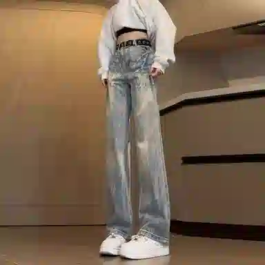 悍戈 美式高街闪电纹潮流百搭直筒长裤牛仔裤 男女同款