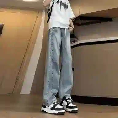 拓菲 美式复古水洗做旧渐变色磨白钉扣潮流舒适百搭时尚潮牌简约基础款抽绳直筒休闲宽松高街拼接中腰阔腿坠感拖地牛仔裤 男女同款