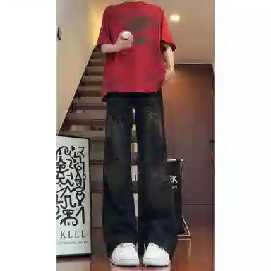 虫小绿 美式复古水洗做旧个性创意闪电纹拼接中腰直筒微喇高街百搭休闲裤牛仔裤 男女同款