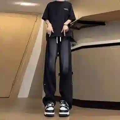 拓菲 美式复古水洗做旧渐变色磨白钉扣潮流舒适百搭时尚潮牌简约基础款抽绳直筒休闲宽松高街拼接中腰阔腿坠感拖地牛仔裤 男女同款