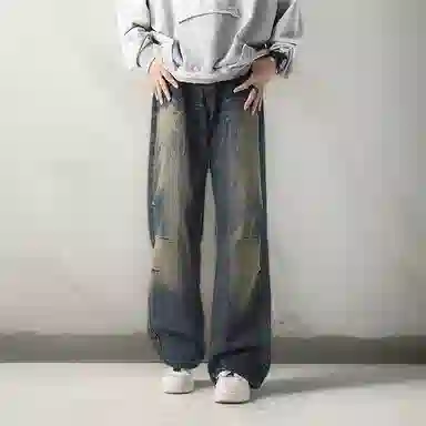 虫小绿 美式复古水洗做旧个性创意闪电纹拼接中腰直筒微喇高街百搭休闲裤牛仔裤 男女同款