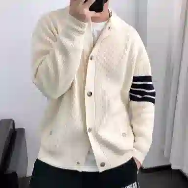 虫小绿 美式学院风经典条纹立领宽松百搭针织衫 男女同款
