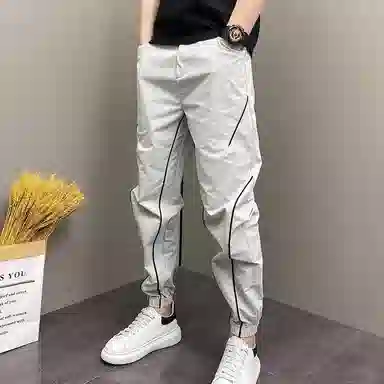 悍戈 美式高街冰丝薄款潮流痞帅条纹拼接九分弹力束脚哈伦百搭舒适裤休闲裤 男女同款