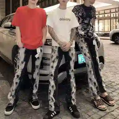 悍戈 美式高街涂鸦泼墨微喇潮牌修身复古水洗显瘦时尚百搭休闲户外潮流长裤牛仔裤 男女同款