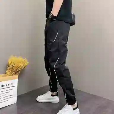 悍戈 美式高街冰丝薄款潮流痞帅条纹拼接九分弹力束脚哈伦百搭舒适裤休闲裤 男女同款