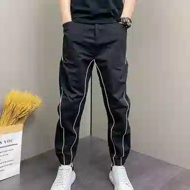 悍戈 美式高街冰丝薄款潮流痞帅条纹拼接九分弹力束脚哈伦百搭舒适裤休闲裤 男女同款