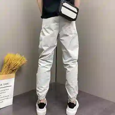 悍戈 美式高街冰丝薄款潮流痞帅条纹拼接九分弹力束脚哈伦百搭舒适裤休闲裤 男女同款