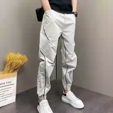 悍戈 美式高街冰丝薄款潮流痞帅条纹拼接九分弹力束脚哈伦百搭舒适裤休闲裤 男女同款
