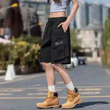 红蜻蜓 美式高街复古花体字母印花大口袋通勤百搭休闲工装短裤 男女同款