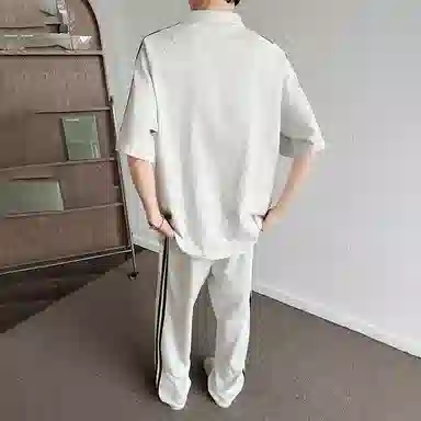 红蜻蜓 美式高街复古重磅半拉链套头短袖上衣系带通勤长裤休闲运动套装 男女同款