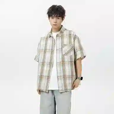 红蜻蜓 格纹宽松休闲舒适百搭日常简约潮流时尚短袖衬衫 男女同款
