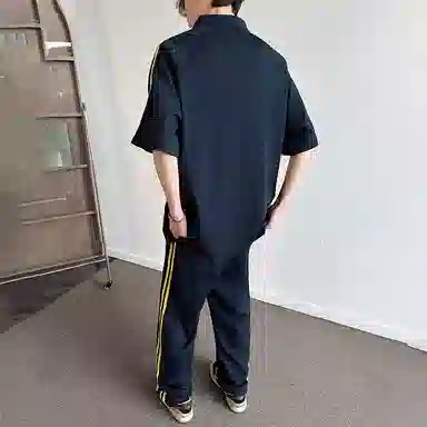 红蜻蜓 美式高街复古重磅半拉链套头短袖上衣系带通勤长裤休闲运动套装 男女同款