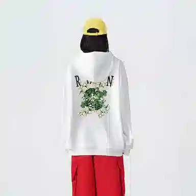 红蜻蜓 美式潮牌复古仿刺绣高街植物花卉设计感宽松舒适百搭日常通勤亲肤纯棉重磅潮流时尚简约长袖连帽卫衣 男女同款