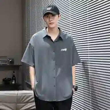 红蜻蜓 美式高街基础纯色复古简约字母宽松休闲落肩百搭经典短袖衬衫 男女同款