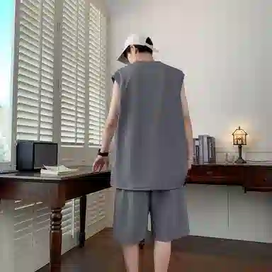 红蜻蜓 美式高街复古少年感学院风无袖上衣纯色户外跑步百搭短裤休闲运动套装 男女同款