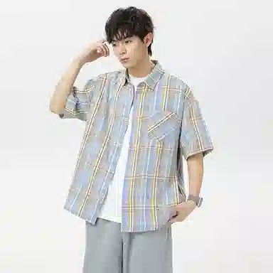 红蜻蜓 格纹宽松休闲舒适百搭日常简约潮流时尚短袖衬衫 男女同款