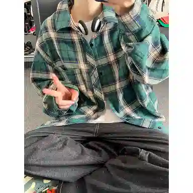 红蜻蜓 美式复古简约高级感格子条纹设计时尚百搭宽松翻领单排扣痞帅长袖衬衫 男女同款