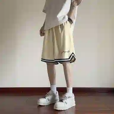 红蜻蜓 美式基础简约纯色条纹拼接宽松跑步健身运动亲肤舒适透气时尚百搭日常休闲短裤 男女同款