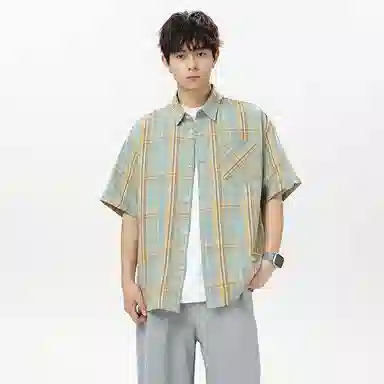 红蜻蜓 格纹宽松休闲舒适百搭日常简约潮流时尚短袖衬衫 男女同款
