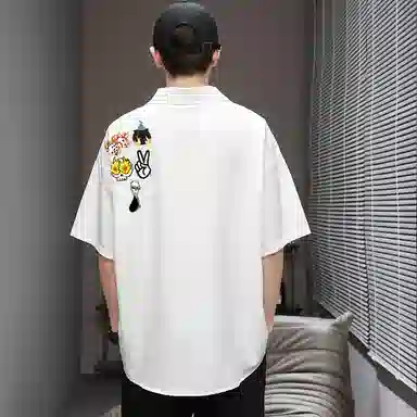 红蜻蜓 美式高街卡通图案高级感设计感高级宽松休闲百搭日常通勤潮流时尚简约短袖衬衫 男女同款