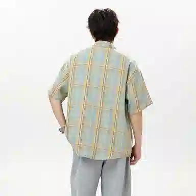 红蜻蜓 格纹宽松休闲舒适百搭日常简约潮流时尚短袖衬衫 男女同款