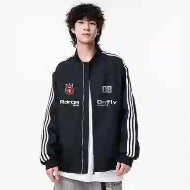 红蜻蜓 美式复古侧边条纹徽章涂鸦数字字母印花宽松百搭舒适防风保暖休闲棒球服外套夹克 男女同款