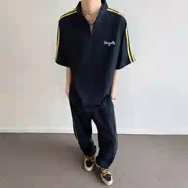 红蜻蜓 美式高街复古重磅半拉链套头短袖上衣系带通勤长裤休闲运动套装 男女同款