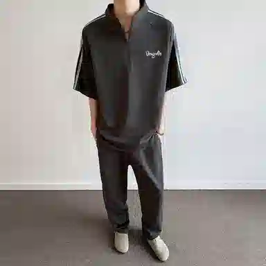 红蜻蜓 美式高街复古重磅半拉链套头短袖上衣系带通勤长裤休闲运动套装 男女同款