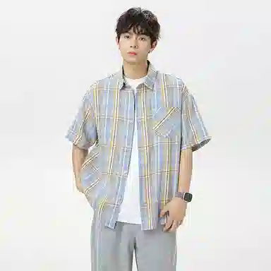 红蜻蜓 格纹宽松休闲舒适百搭日常简约潮流时尚短袖衬衫 男女同款