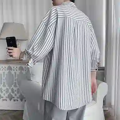 红蜻蜓 美式复古经典百搭休闲纯色条纹宽松短袖衬衫 男女同款