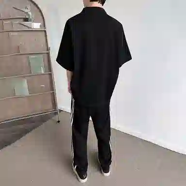 红蜻蜓 美式高街复古重磅半拉链套头短袖上衣系带通勤长裤休闲运动套装 男女同款