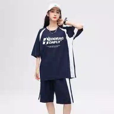 红蜻蜓 美式复古高街拼色撞色设计感经典高级舒适宽松百搭日常通勤潮流时尚简约直筒短袖短裤休闲运动套装 男女同款