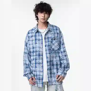 红蜻蜓 美式复古扎染格子翻领衬衣痞帅高街休闲宽松长袖衬衫 男女同款
