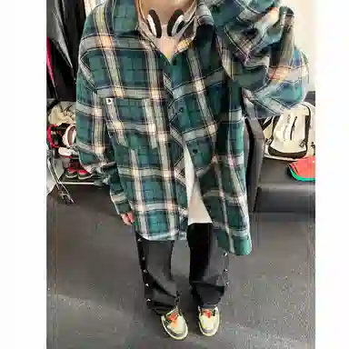 红蜻蜓 美式复古简约高级感格子条纹设计时尚百搭宽松翻领单排扣痞帅长袖衬衫 男女同款