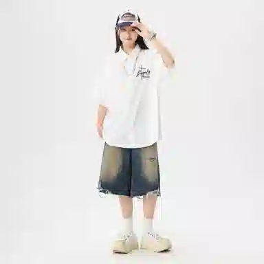 红蜻蜓 美式复古设计感高级宽松舒适百搭日常通勤潮流时尚简约直筒短袖衬衫 男女同款