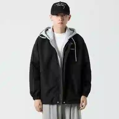 红蜻蜓 美式复古品牌连帽宽松假两件纯色拉链长袖夹克外套 男女同款