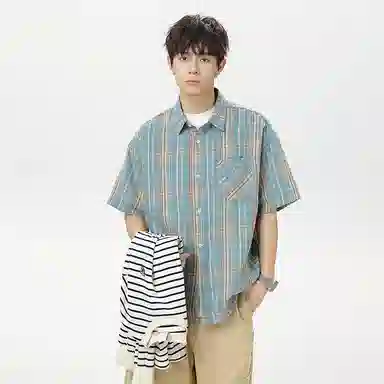 红蜻蜓 格纹宽松休闲舒适百搭日常简约潮流时尚短袖衬衫 男女同款