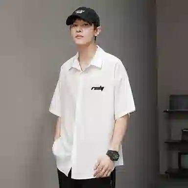 红蜻蜓 美式高街基础纯色复古简约字母宽松休闲落肩百搭经典短袖衬衫 男女同款